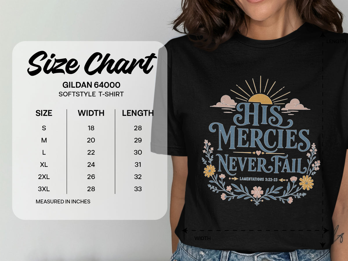 Gildan 64000 Softstyle t-shirt size chart with width and length measurements.