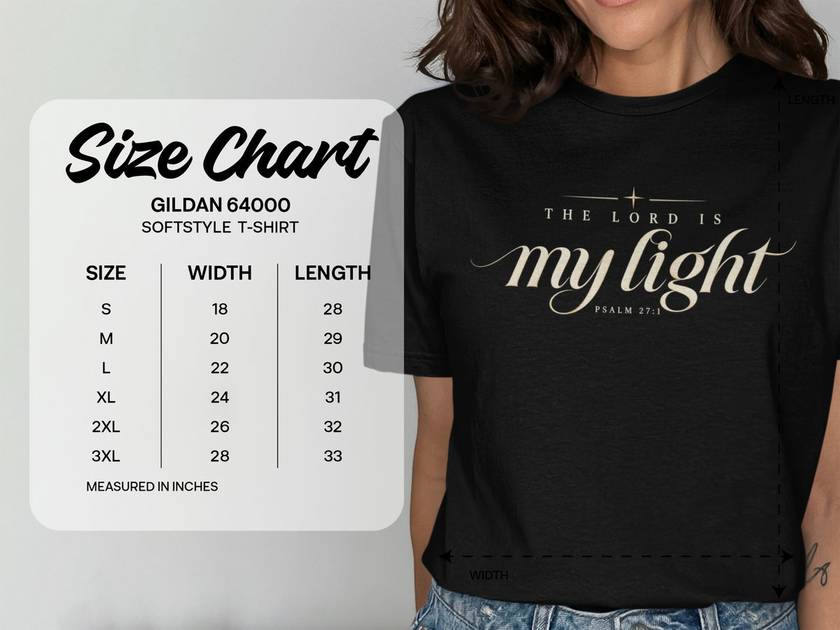Gildan 64000 Softstyle T-Shirt size chart with width and length measurements in inches.