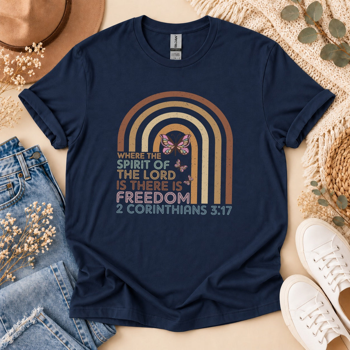 Navy t-shirt with "Where the Spirit of the Lord is There is Freedom" and Bible verse.