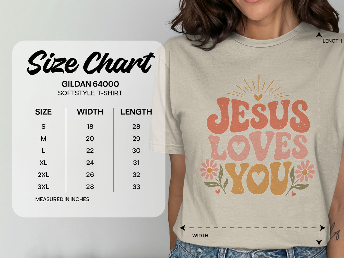 Gildan 64000 softstyle t-shirt size chart with width and length measurements in inches.