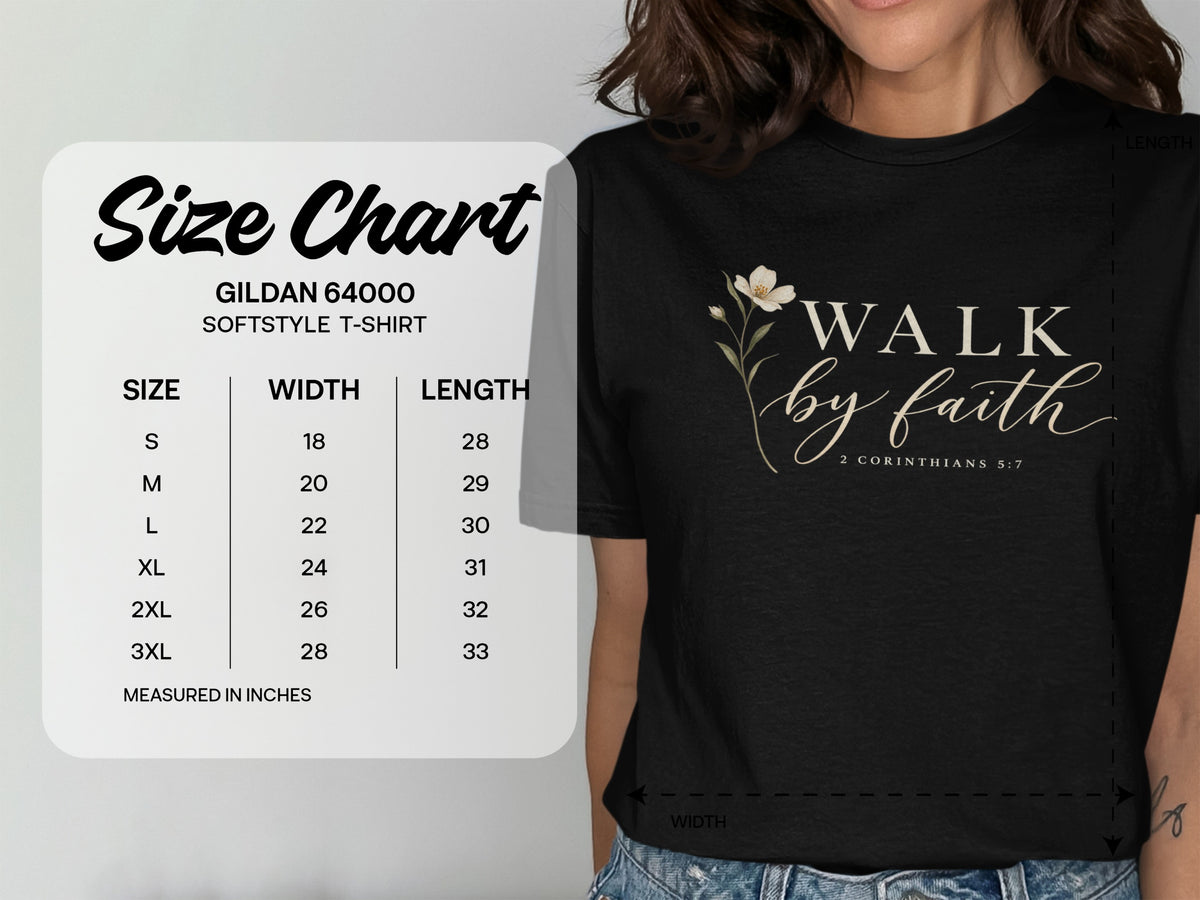 Gildan 64000 Softstyle t-shirt size chart with measurements in inches.