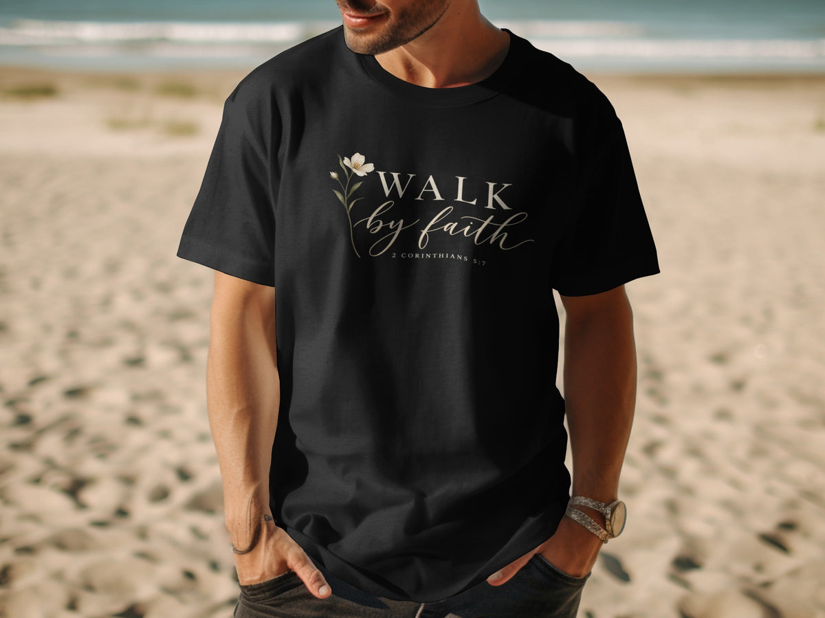 Black t-shirt with "WALK by faith" and "2 CORINTHIANS 5:7" text.