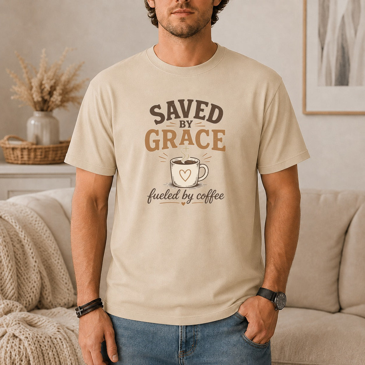 Light beige t-shirt with "Saved by Grace Fueled by Coffee" graphic.