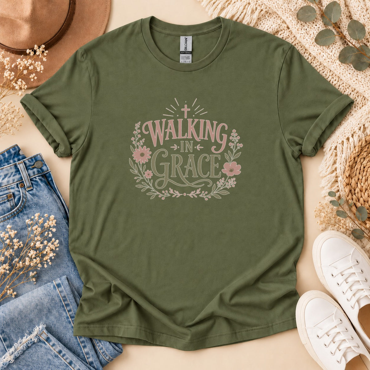 Olive t-shirt with "Walking in Grace" text and floral accents.