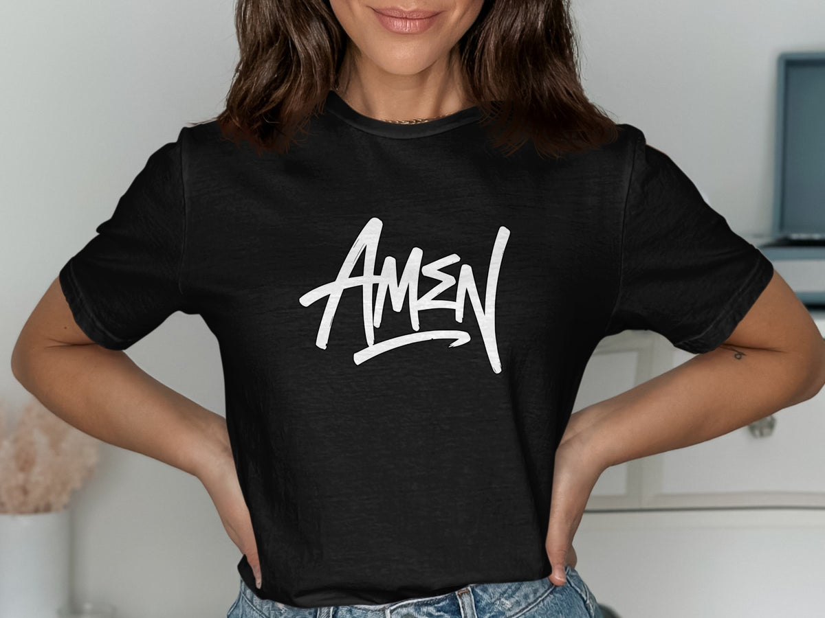 Black t-shirt with white "AMEN" text in a stylized font.