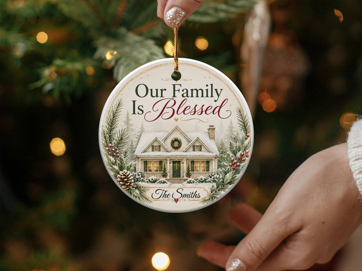 Round ceramic ornament with a house scene and "Our Family Is Blessed" text.