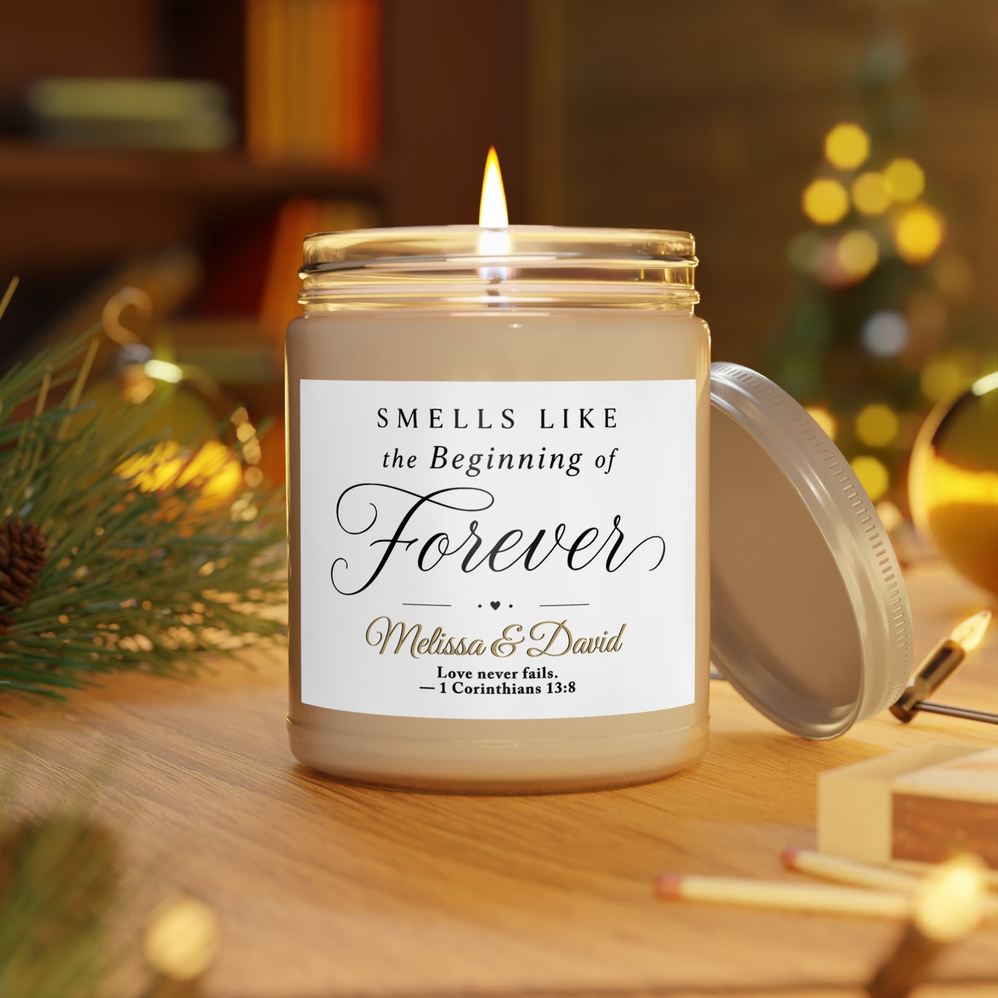 Scented candle with "Forever" text, Melissa & David, and Bible verse.