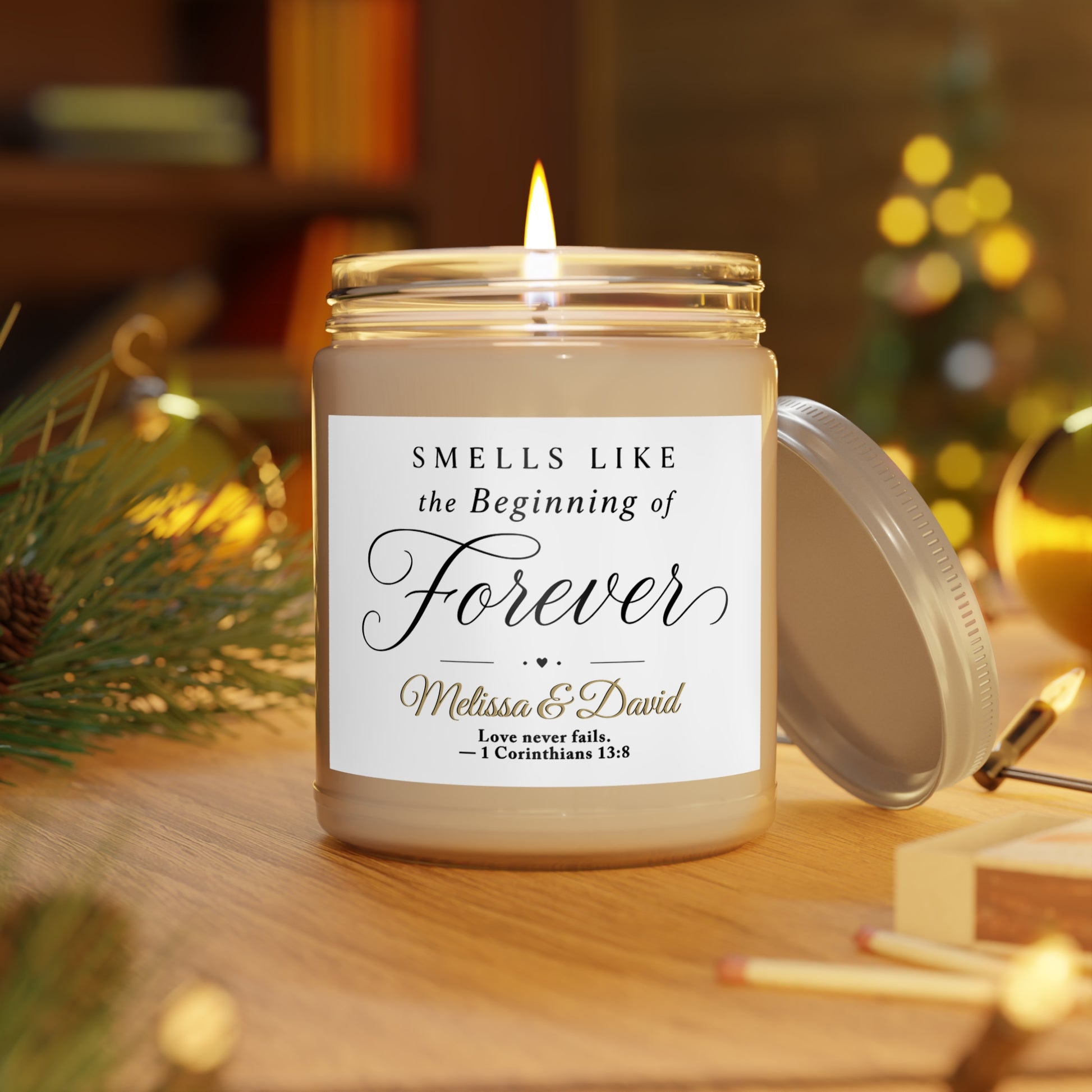 Scented candle with "Forever" text, Melissa & David, and Bible verse.