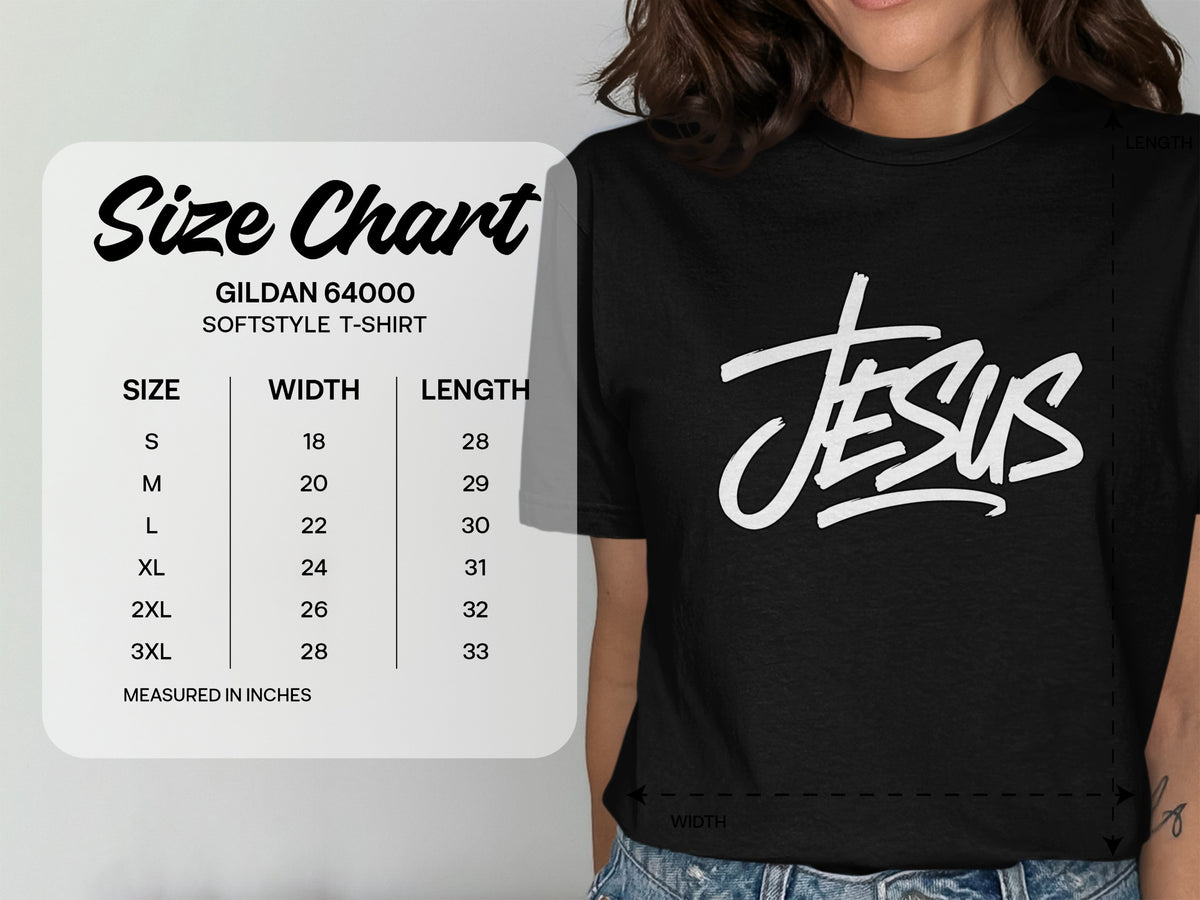 Gildan 64000 Softstyle T-Shirt size chart with width and length measurements in inches.