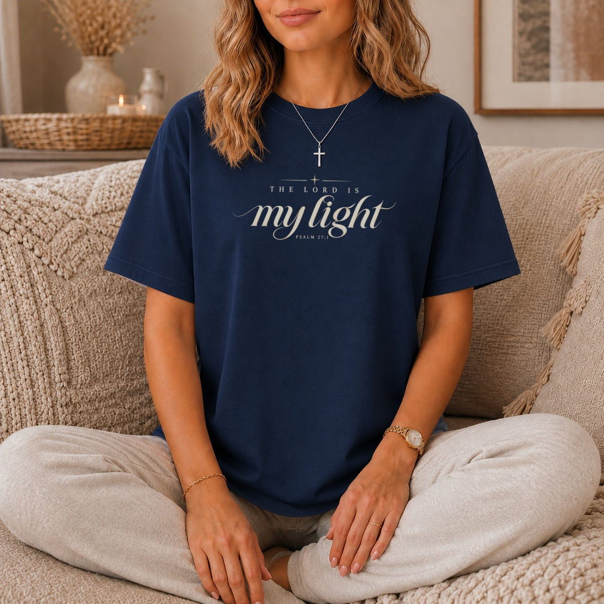 Navy t-shirt with "THE LORD IS my light PSALM 27:1" text and cross.