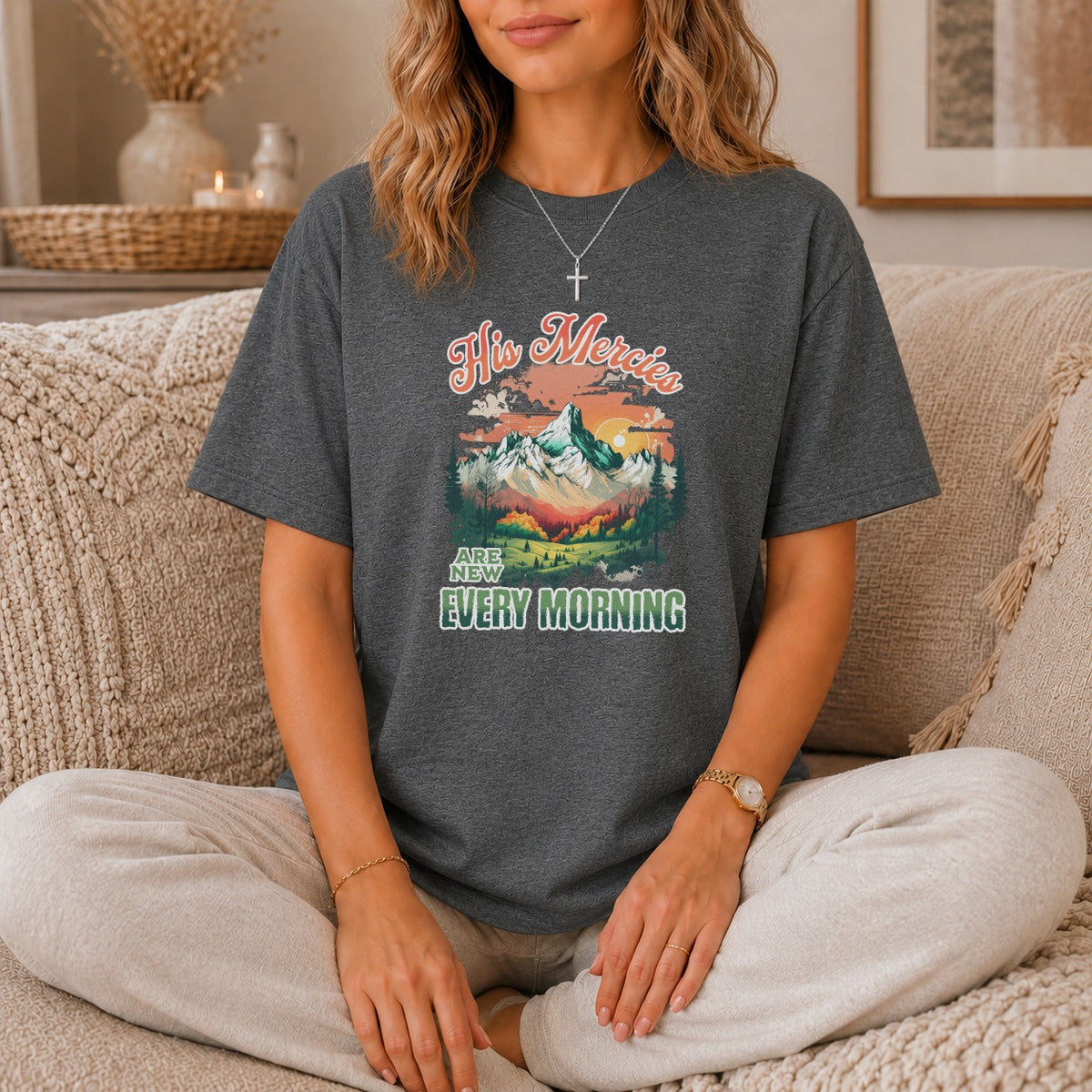 Dark gray t-shirt with mountain landscape graphic and text "His Mercies Are New Every Morning".