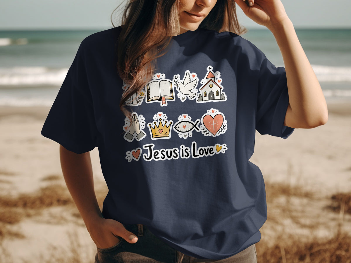 Navy t-shirt with a Jesus is Love graphic featuring religious symbols.