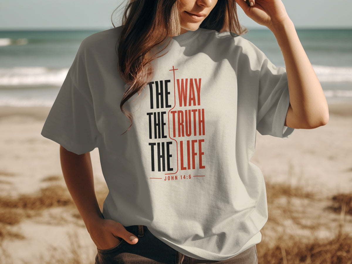 Light gray t-shirt with "The Way, The Truth, The Life" text and John 14:6.