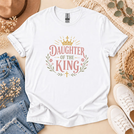 White t-shirt with "Daughter of the King" text and crown design.