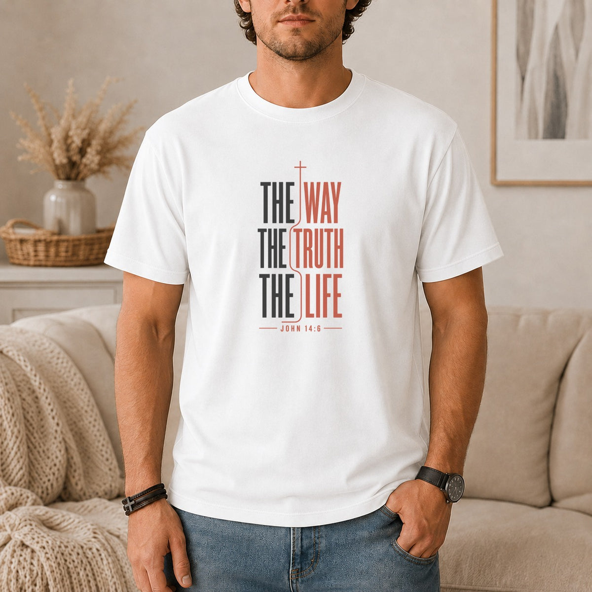 White t-shirt with red and black text: "THE WAY THE TRUTH THE LIFE" and "JOHN 14:6".