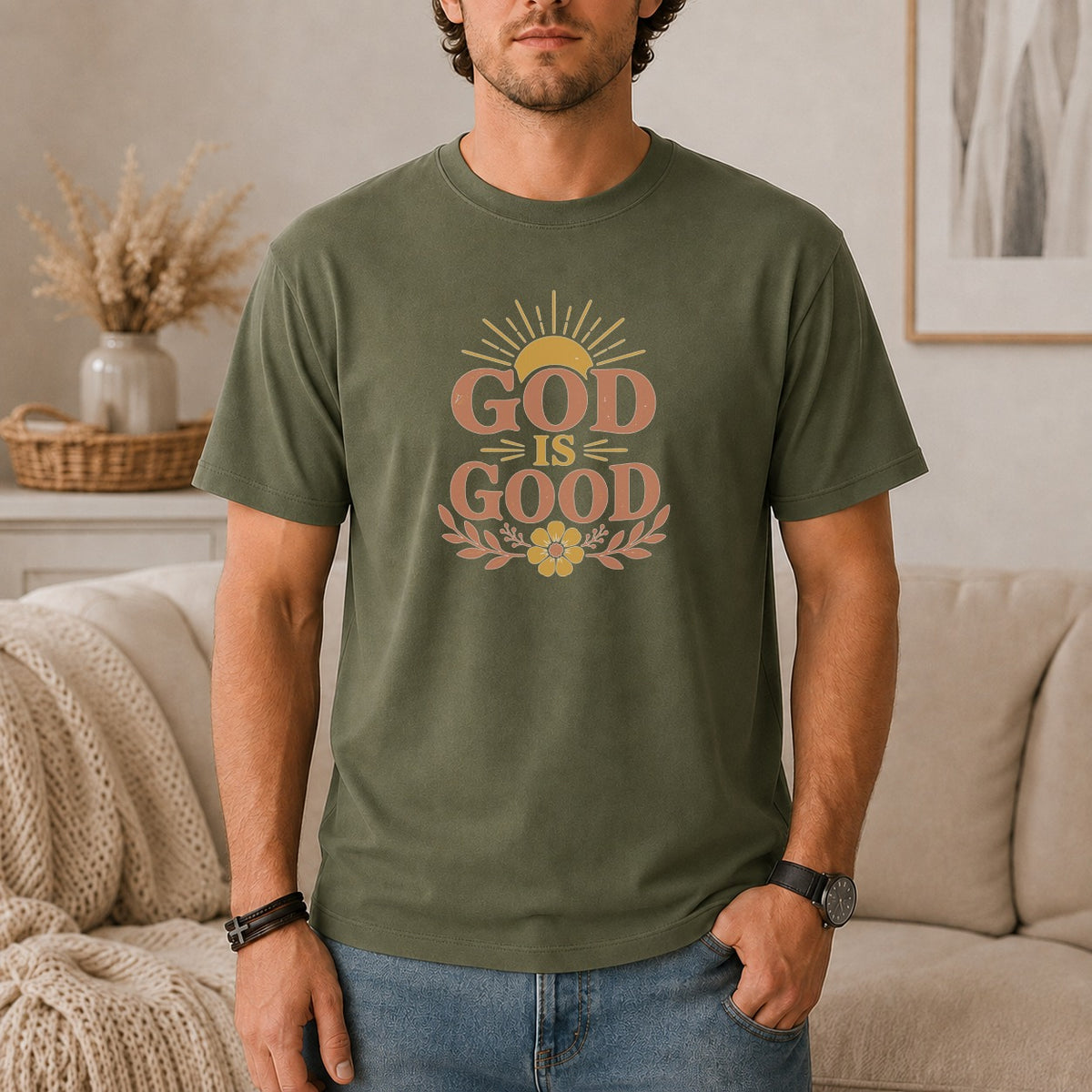 Green t-shirt with "God is Good" text, sun, and floral design.