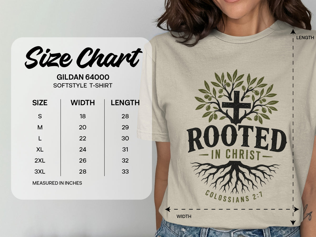 Gildan 64000 size chart for softstyle t-shirt with measurements in inches.