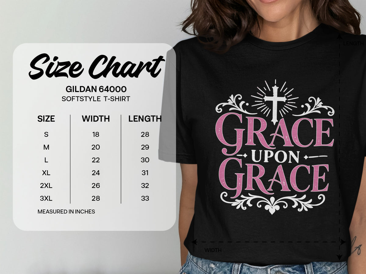 Gildan 64000 softstyle t-shirt size chart with width and length measurements.