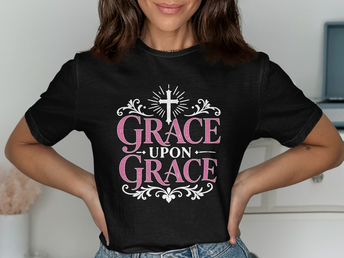 Black t-shirt with "Grace Upon Grace" text and a cross graphic.