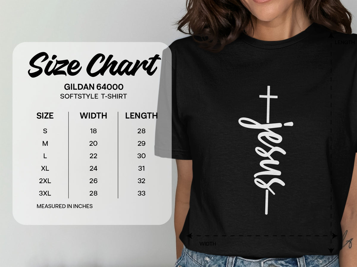Gildan 64000 Softstyle T-Shirt size chart with width and length measurements.