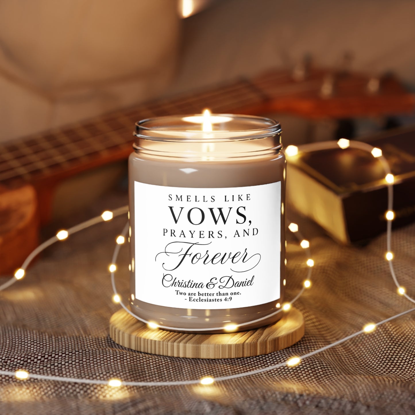 Scented candle labeled "Vows, Prayers, and Forever" for Christina & Daniel.
