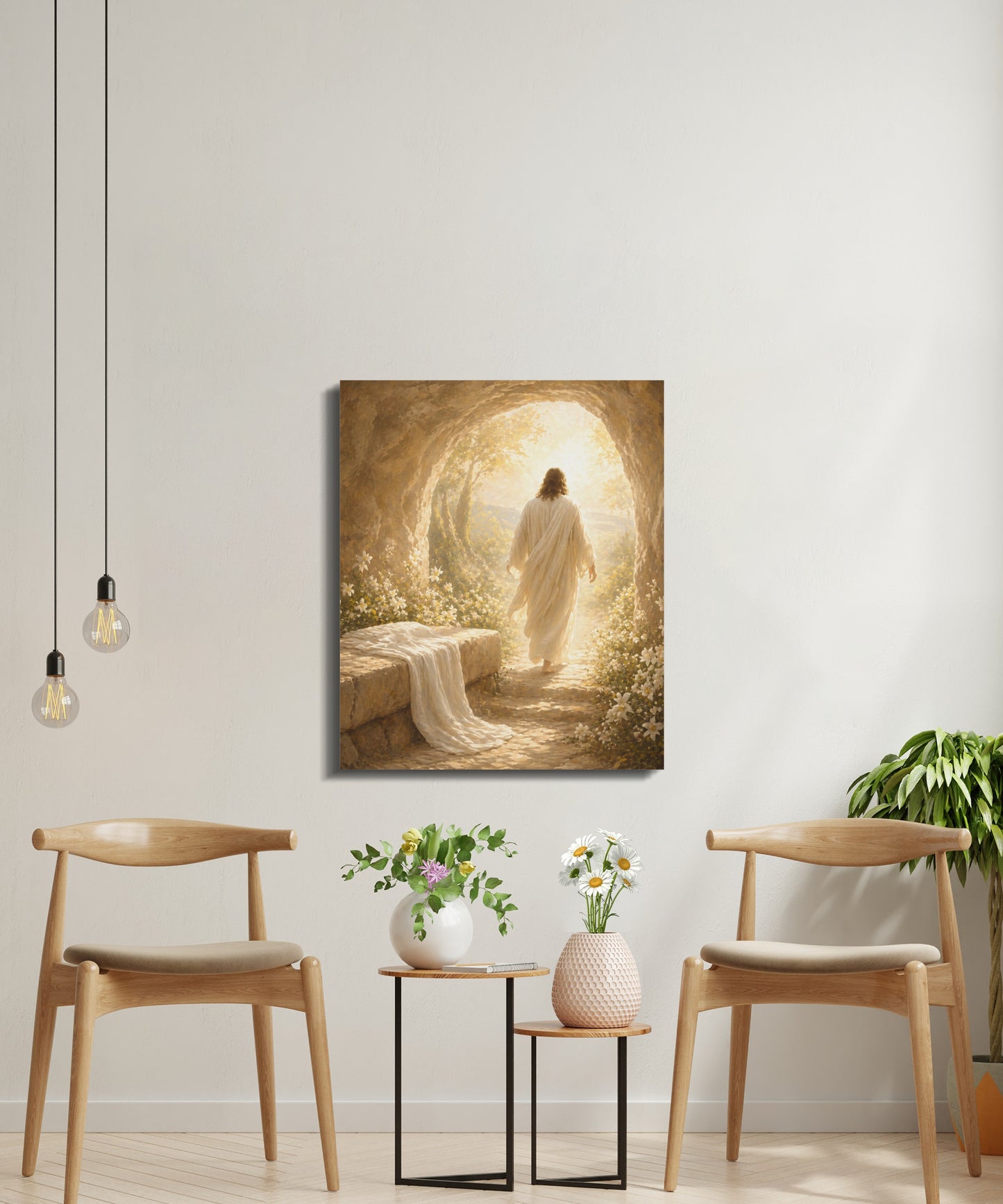 Jesus emerging from an empty tomb bathed in light, surrounded by flowers.