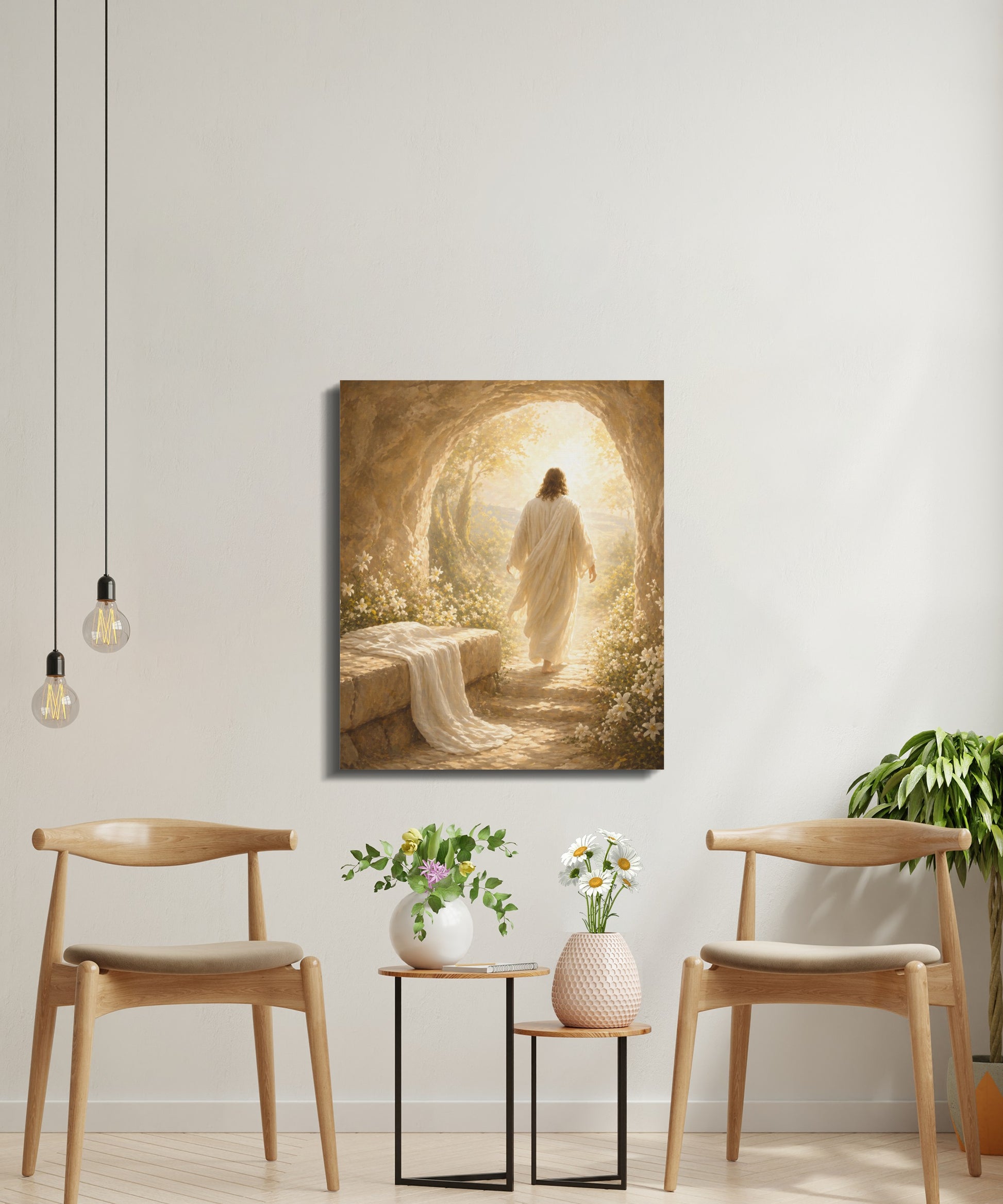 Jesus emerging from an empty tomb bathed in light, surrounded by flowers.