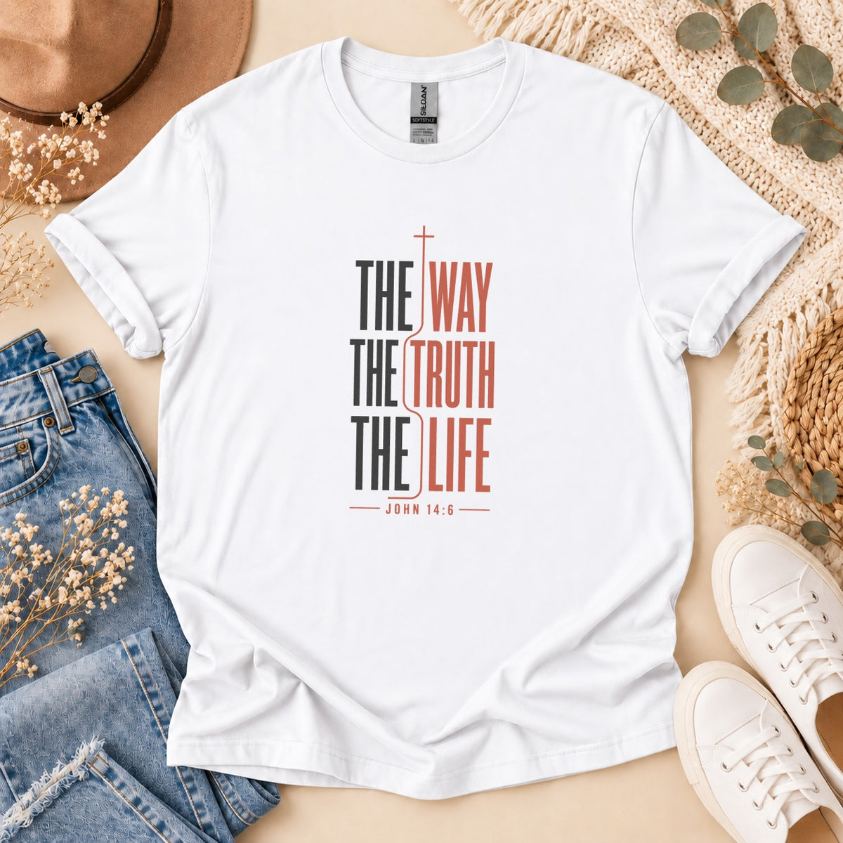 White t-shirt with "The Way The Truth The Life" and "John 14:6" text.