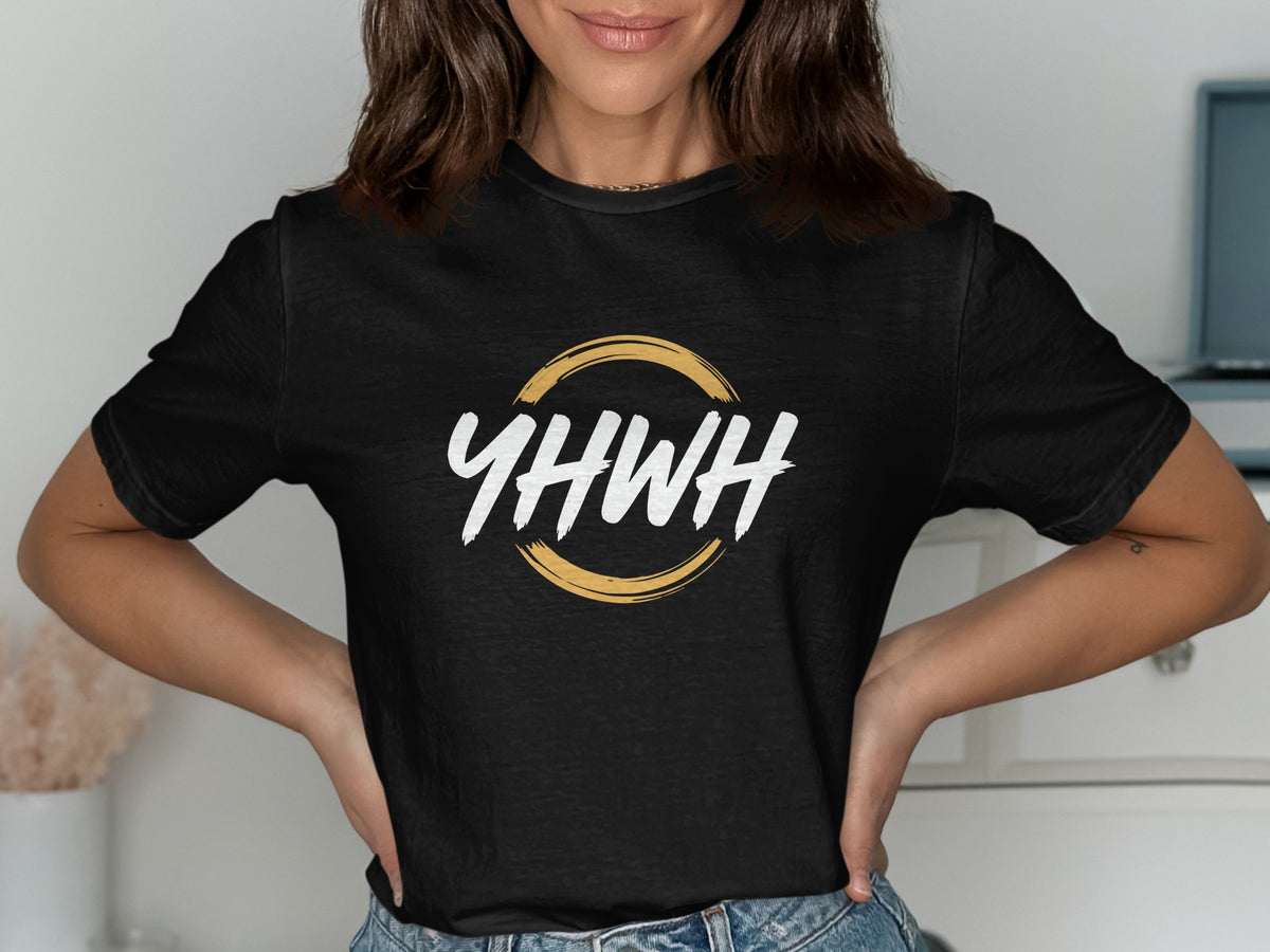 Black t-shirt with white "YHWH" text inside a gold circular brush stroke.