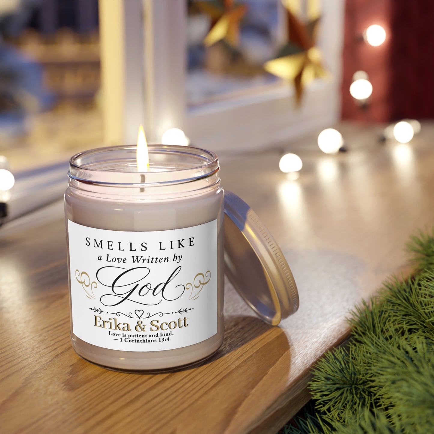 Scented candle with "Smells Like a Love Written by God" and "Erika & Scott" text.