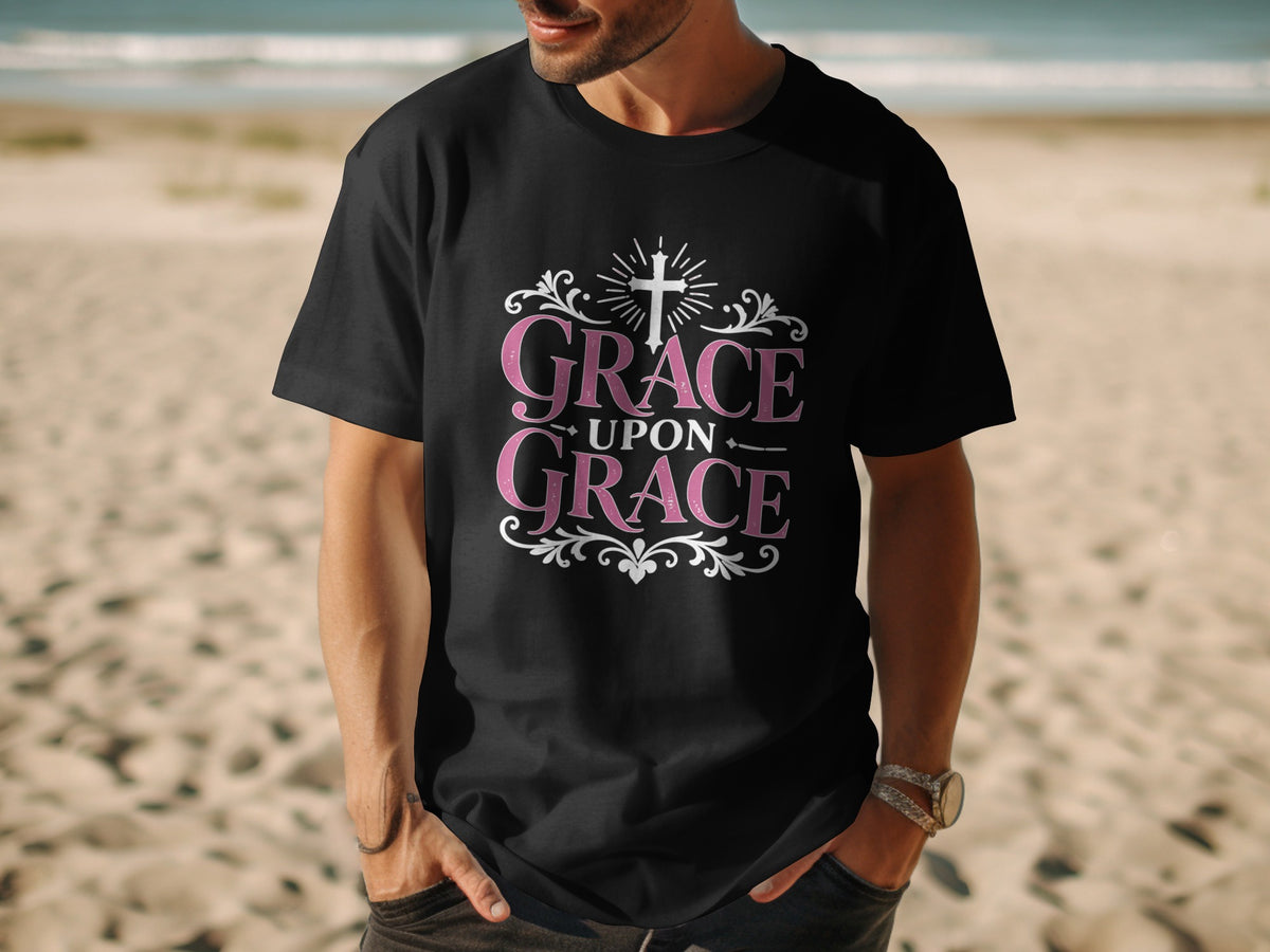 Black t-shirt with "Grace Upon Grace" text and a cross graphic.