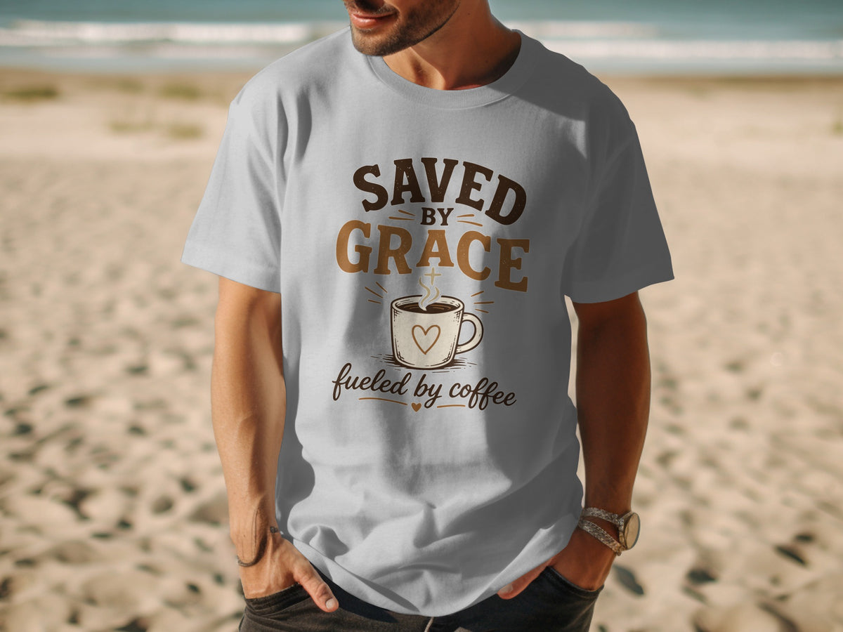 Light grey t-shirt with "Saved by Grace" and a coffee cup graphic.