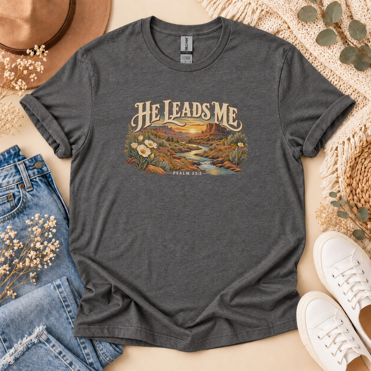He Leads Me Western Desert T-Shirt