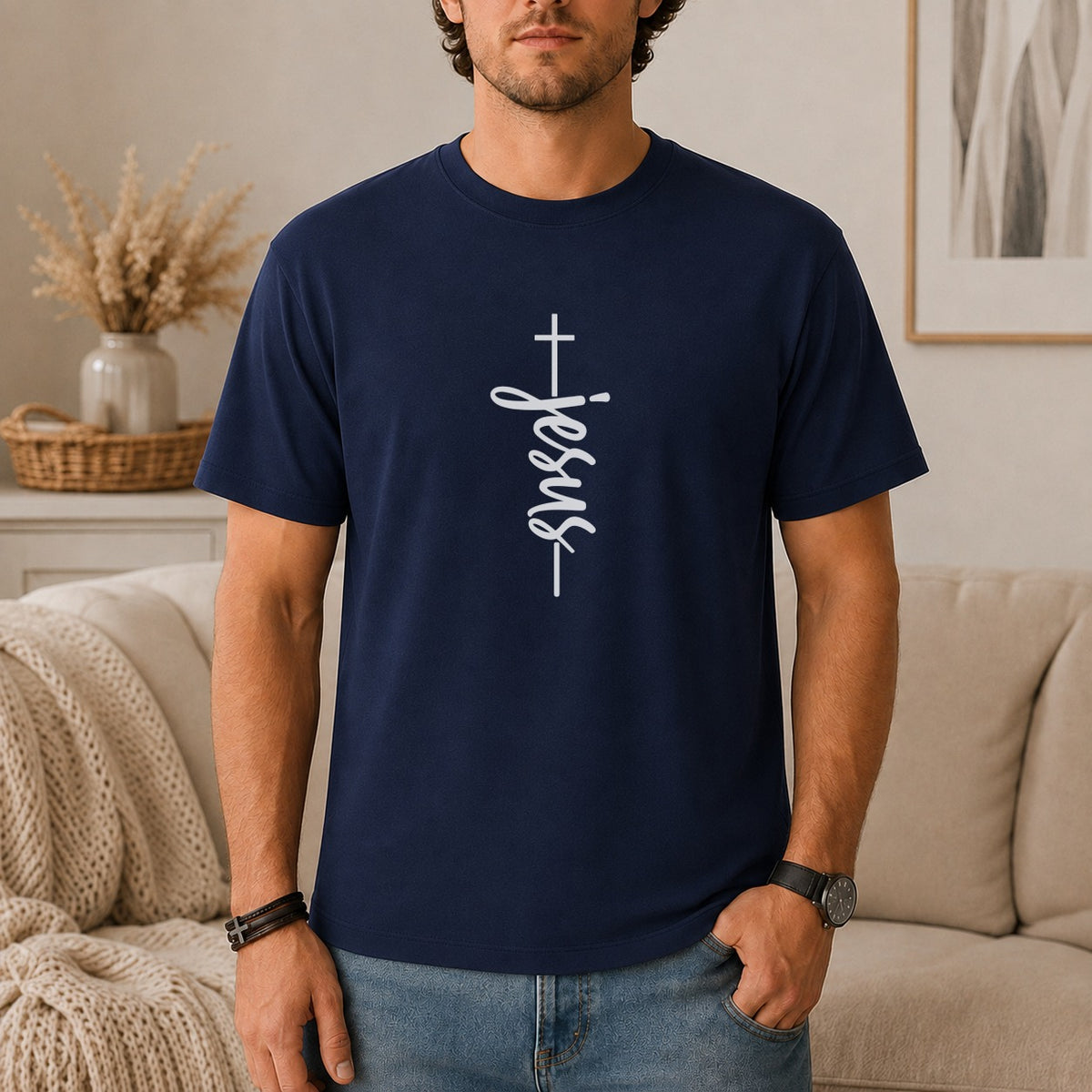Navy t-shirt with white vertical "Jesus" text and cross graphic.