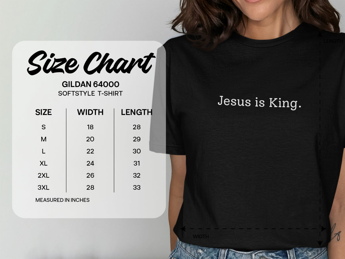 Gildan 64000 softstyle t-shirt size chart with width and length measurements in inches.