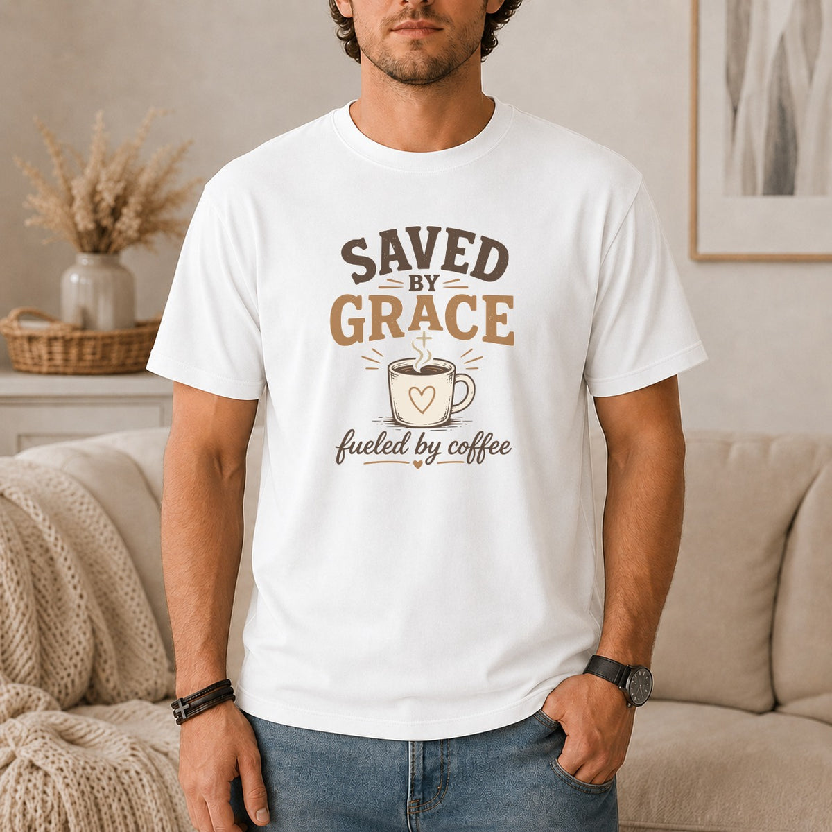 White t-shirt with "Saved by Grace Fueled by Coffee" graphic.