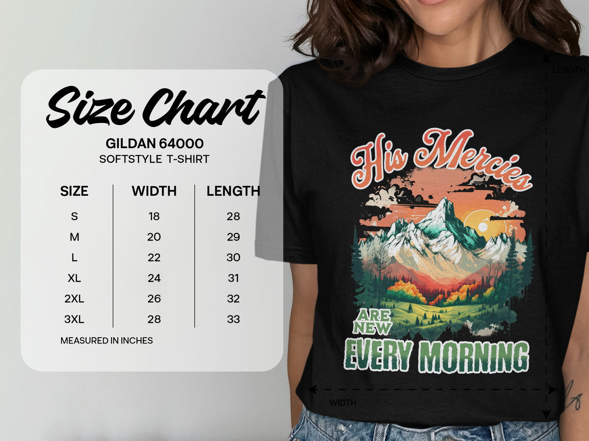 Gildan 64000 softstyle t-shirt size chart with mountain graphic.