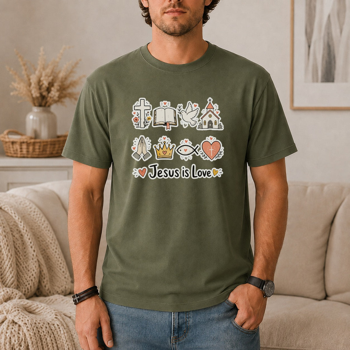 Green t-shirt with Christian symbols and "Jesus is Love" text graphic.