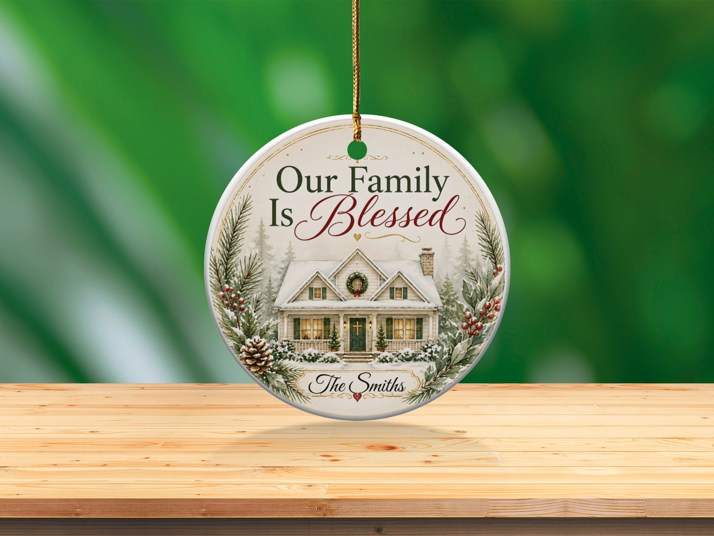 Ornament with "Our Family Is Blessed" and a snowy house, "The Smiths."