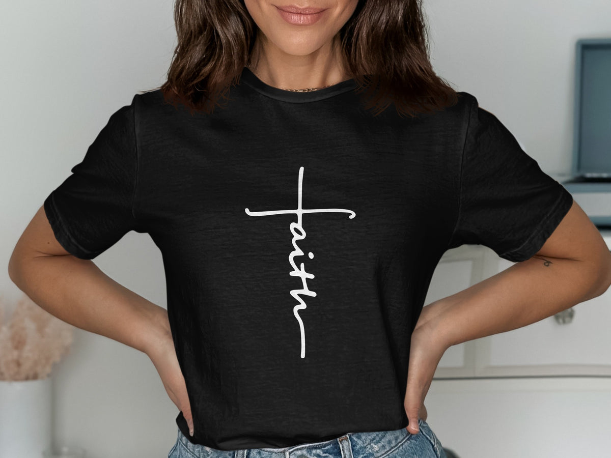 Black t-shirt with white "faith" cross graphic.