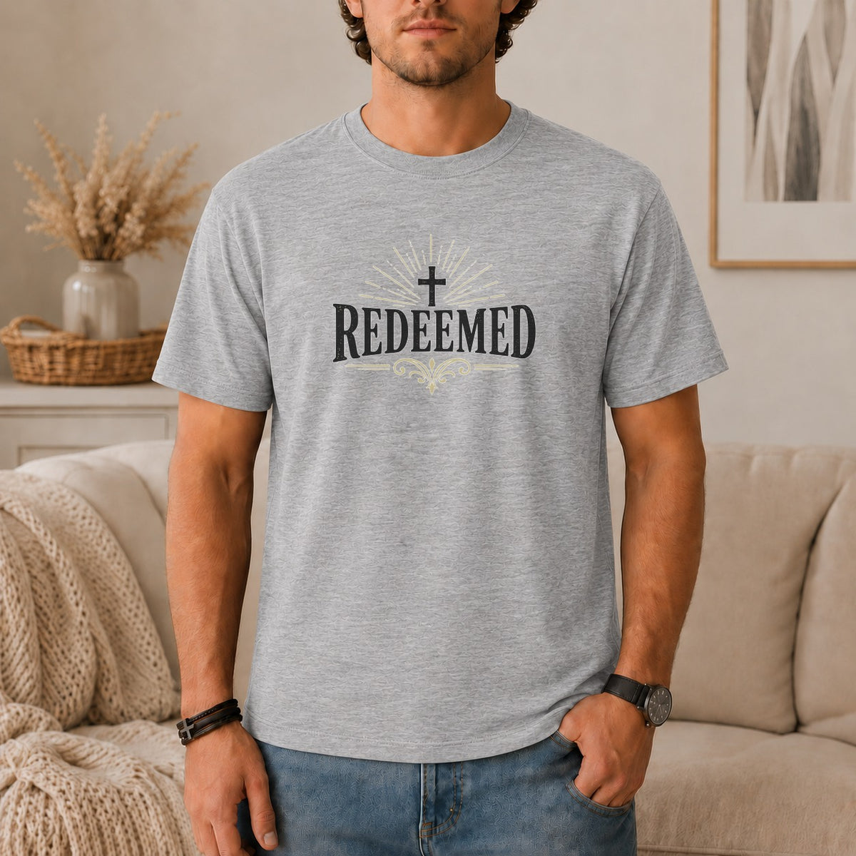 Gray t-shirt with "REDEEMED" text, cross, and rays design.