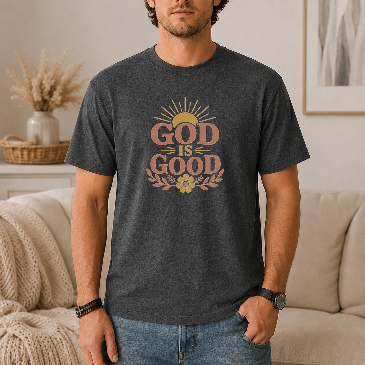Dark grey t-shirt with "God Is Good" graphic featuring a sun and floral design.