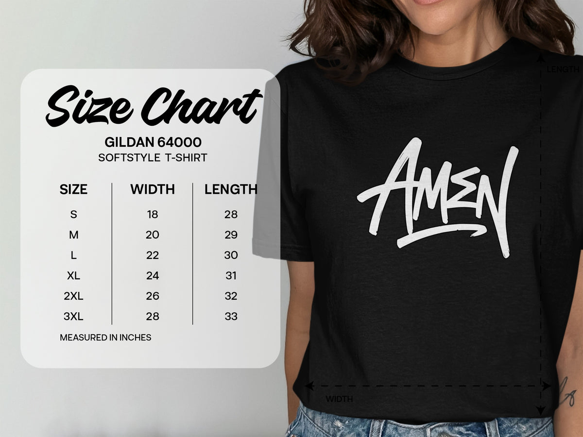 Gildan 64000 Softstyle T-shirt size chart with width and length measurements in inches.
