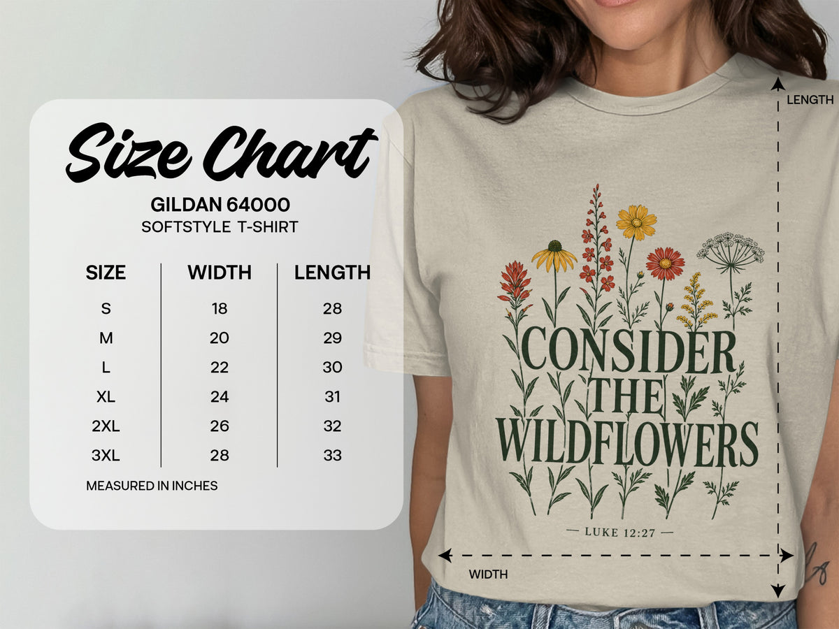 T-shirt with floral print and text "Consider the Wildflowers" and size chart.