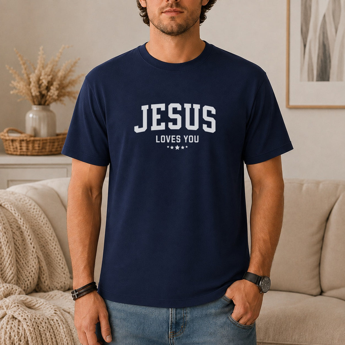 Navy t-shirt with white text "JESUS LOVES YOU" and four stars.