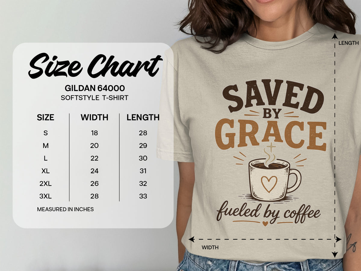 Gildan 64000 softstyle t-shirt size chart with measurements. Saved by Grace graphic.