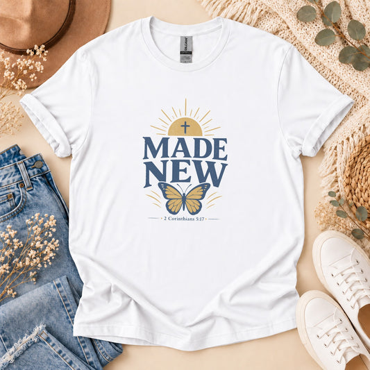 Made New Celestial Butterfly Christian t-shirt (2 Corinthians 5:17) – front view | Nordenzi