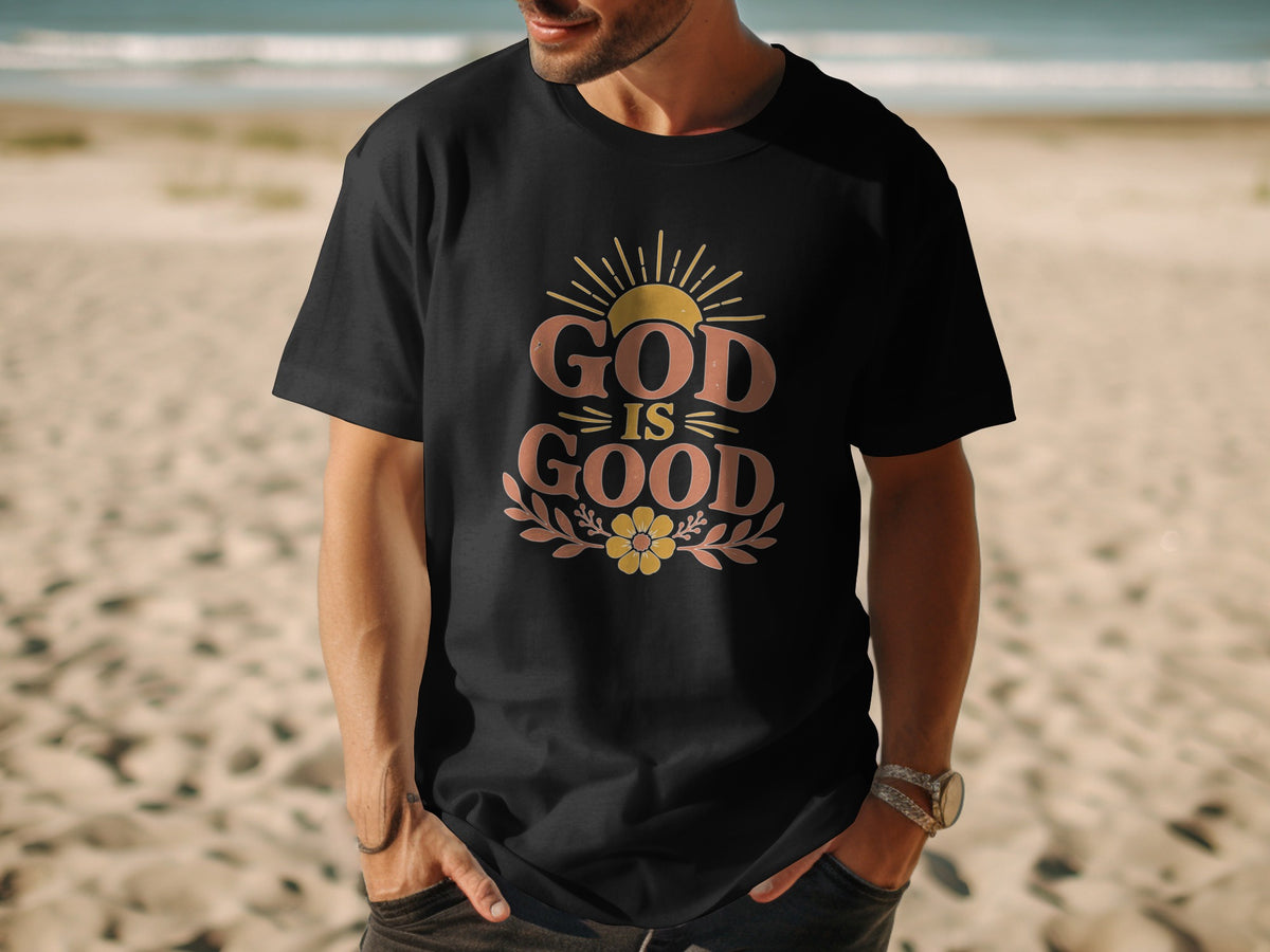 Black t-shirt with "God Is Good" text and sun graphic.