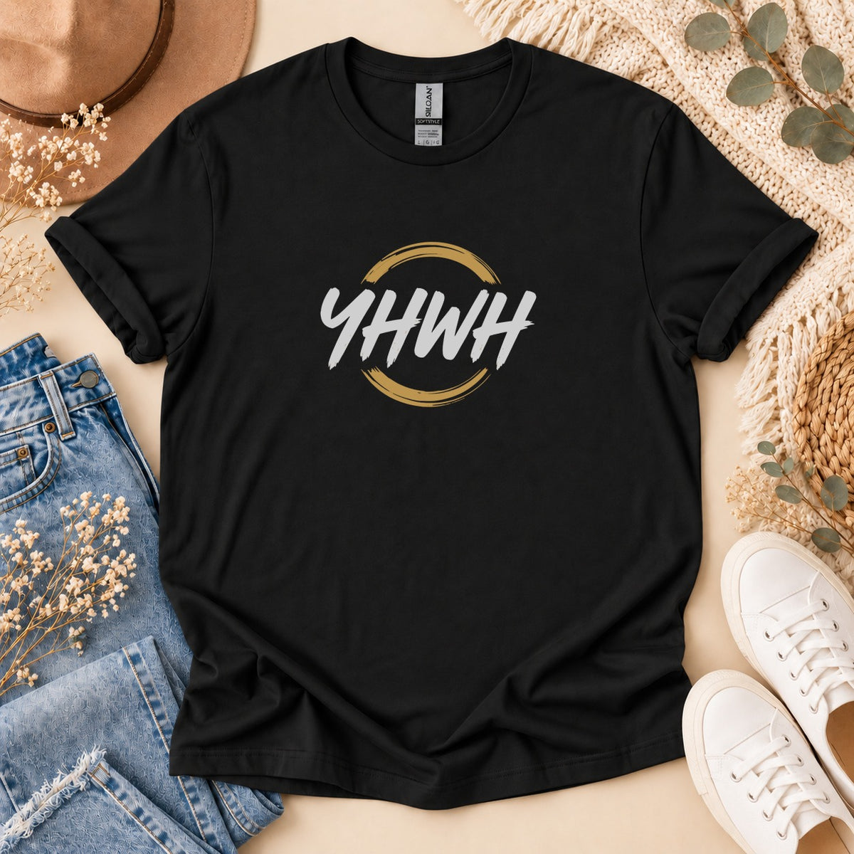 Black t-shirt with "YHWH" text in white and gold circle graphic.