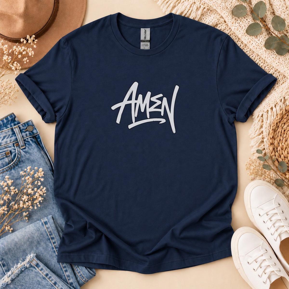 Navy t-shirt with white "Amen" text in a stylized font.